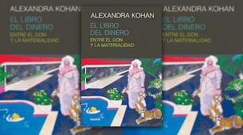 Portada del libro El libro del dinero de Alexandra Kohan sobre un fondo desenfocado con la misma ilustración artística de una piscina.