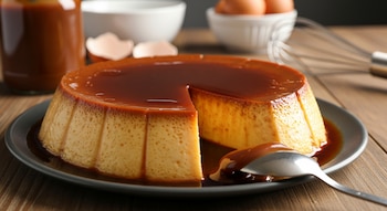 Flan de dulce de leche recién hecho con una porción cortada, servido en un plato oscuro con una cuchara. Fondo borroso con ingredientes de repostería.