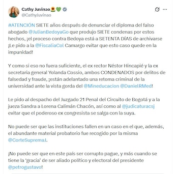 Cathy Juvinao llamó a la Fiscalía y al Ministerio de Educación a actuar en el caso contra Julián Bedoya - crédito @CathyJuvinao/X