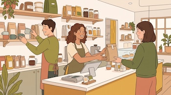 Ilustración de una empleada entregando una bolsa de papel a una clienta frente al mostrador de un café mientras un joven acomoda tazas.