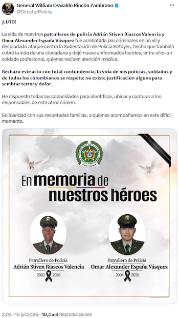 Director de la Policía de Colombia activó búsqueda de autores tras atentado mortal en subestación de Arauca - crédito @DirectorPolicia/X