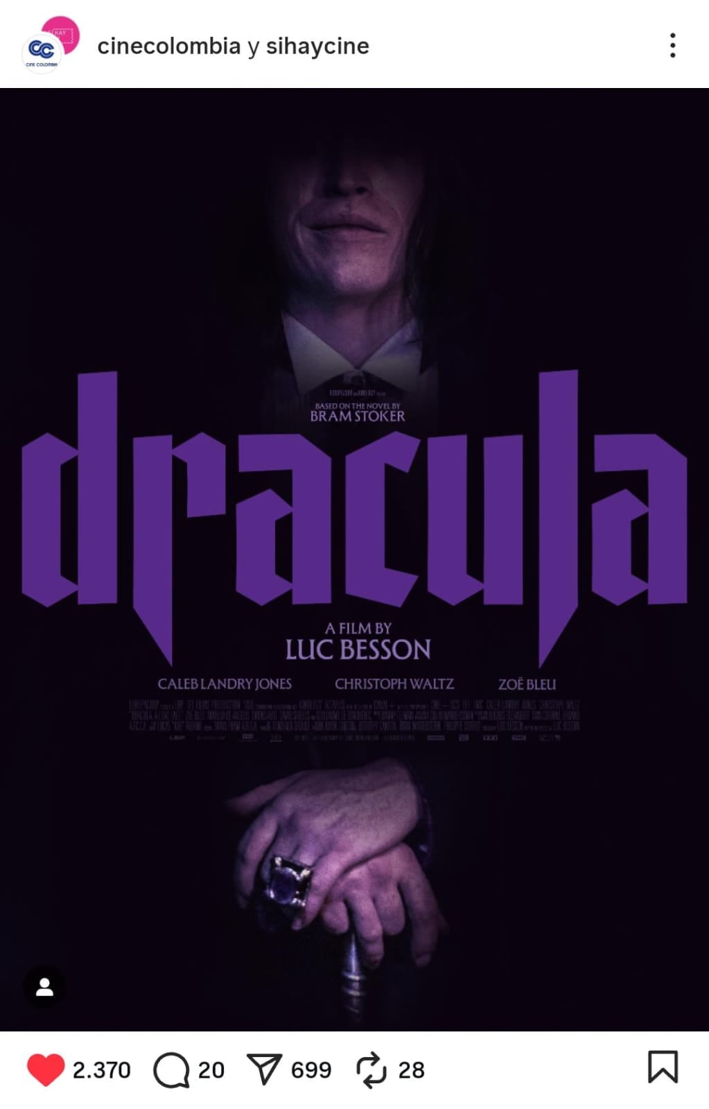 Cartel oficial de la nueva adaptación de Drácula de Bram Stoker - crédito captura de pantalla Instagram