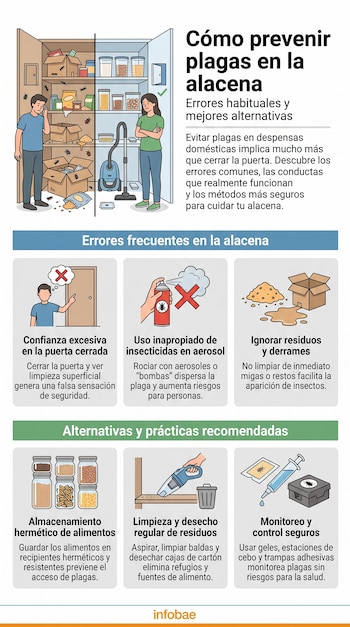 Infografía con consejos para prevenir plagas en la alacena, muestra una alacena infestada junto a otra organizada, errores y recomendaciones ilustradas.