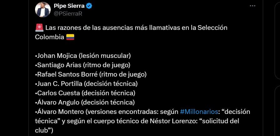 Estas serían las razones del técnico Néstor Lorenzo para descartar algunos jugadores en la selección Colombia - crédito @PSierraR/X