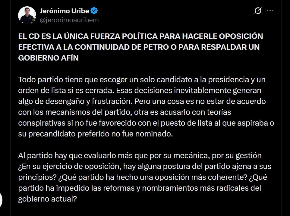 El apoyo a Paloma Valencia surge en medio de divisiones internas y descontento por el orden de la lista al Congreso - crédito @jerónimoauribem/X