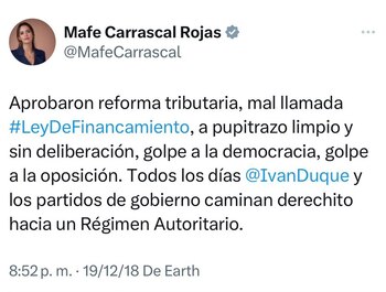 María Fernanda Carrascal cuestionó aprobación de reforma tributaria de Iván Duque - crédito @MafeCarrascal/X