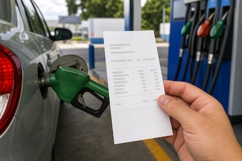 Una mano sostiene un recibo frente a un automóvil al que le surten combustible en un dispensador de gasolinera.