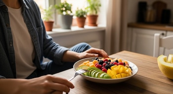Una persona sentada frente a un bol de frutas variadas que incluye palta, mango, bayas y melón en una mesa de madera. Parte de una horquilla es visible.