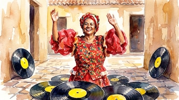Pintura de acuarela de Totó la Momposina sonriendo, brazos levantados, rodeada de discos de vinilo negros con etiquetas amarillas en un callejón.