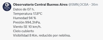 Pantalla con publicación del Observatorio Central Buenos Aires que detalla temperatura, humedad, presión, viento, cielo cubierto y neblina