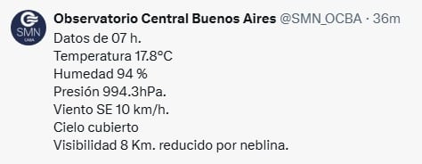 El Observatorio Central Buenos Aires comunica las condiciones meteorológicas a las 07 h, con 17.8°C, 94% de humedad y visibilidad reducida a 8 kilómetros por neblina. (Servicio Meteorológico Nacional)