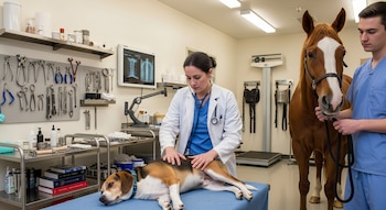 Veterinaria ausculta un perro beagle tumbado en mesa azul. Un técnico sujeta un caballo. Monitor muestra radiografías. Instrumental quirúrgico y suministros médicos.