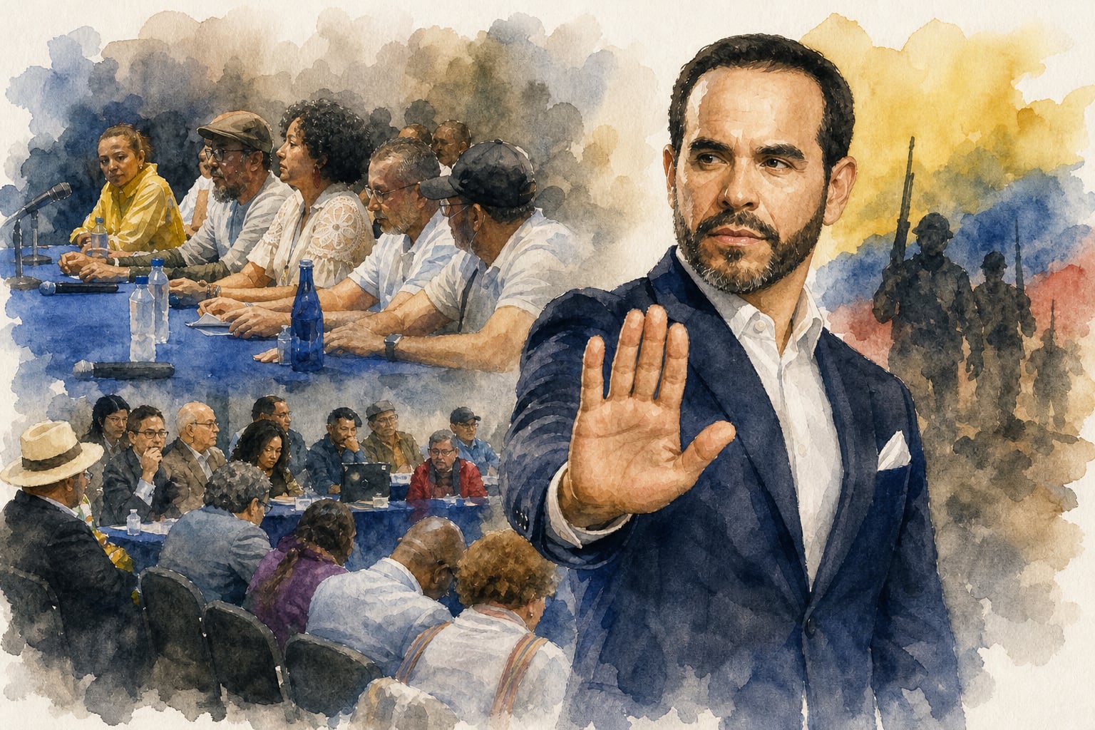 Una ilustración en acuarela representa a Abelardo de la Espriella con la mano extendida en señal de rechazo frente a las mesas de negociación de paz en Colombia - crédito (Imagen Ilustrativa Infobae)