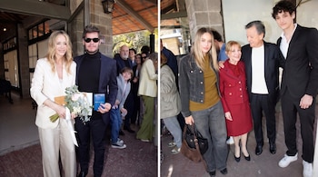 Dos fotografías compuestas que muestran a varias personas vestidas de etiqueta posando en el exterior de un edificio de piedra.
