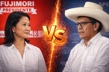 Imagen de Keiko Fujimori a la izquierda y Roberto Sánchez a la derecha, separados por un gran símbolo 'Vs' brillante y una línea de fuego.