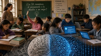 Alumnos y una profesora en un aula con tabletas, computadoras y una ilustración de un cerebro mitad humano y mitad digital