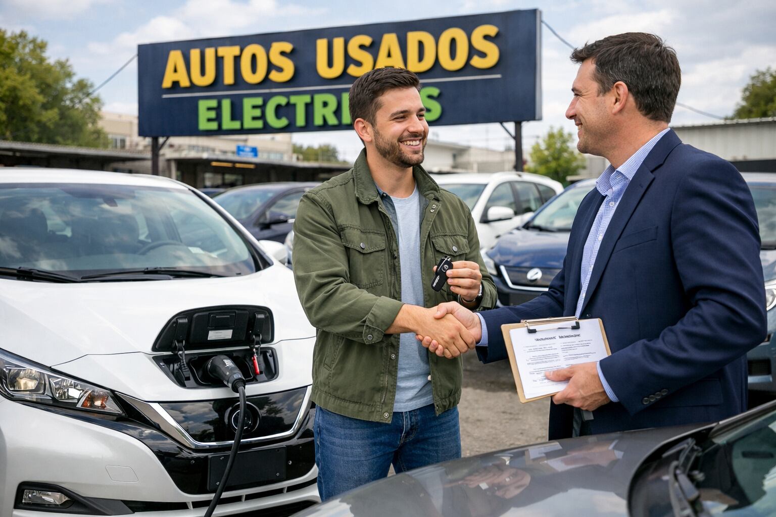 Un comprador sonriente recibe las llaves de su nuevo coche eléctrico usado y cierra el trato con un vendedor en un concesionario especializado. (Imagen Ilustrativa Infobae)