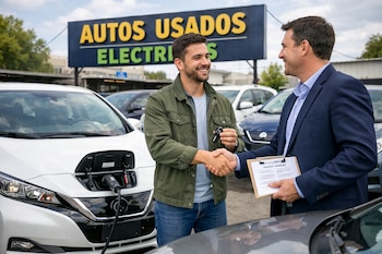 Dos hombres se dan la mano frente a un coche eléctrico blanco cargando, con un letrero de 'AUTOS USADOS ELÉCTRICOS' al fondo. Uno sostiene llaves.