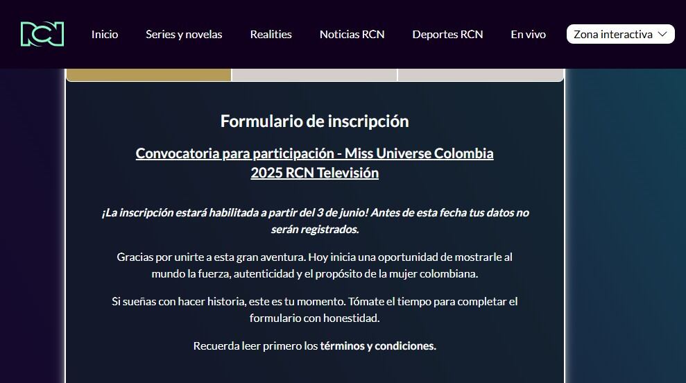 Las inscripciones para Miss Universe Colombia 2025 se abrieron este martes 3 de junio, en la página oficial del certamen - crédito Canal RCN