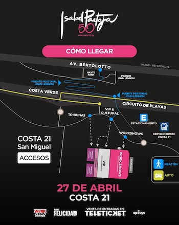 Mapa oscuro con indicaciones para llegar al concierto de Isabel Pantoja en Costa 21, Lima. Muestra rutas para peatones y autos, estacionamiento y zonas de asientos