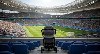 Una carreola gris está en la primera fila de un estadio de fútbol moderno con asientos azules vacíos, mirando hacia un campo verde lleno de gente.