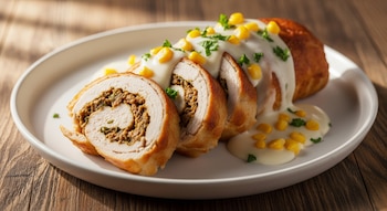 Un arrollado de pollo en rodajas con relleno, cubierto con salsa blanca, granos de choclo amarillo y perejil verde, servido en un plato blanco sobre una mesa de madera.