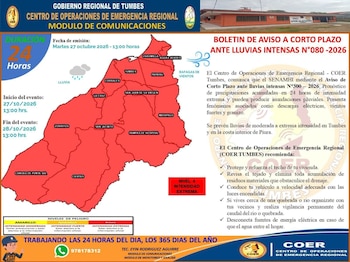 Tumbes se encuentra bajo alerta por lluvias de intensidad extrema hasta el 28 de octubre