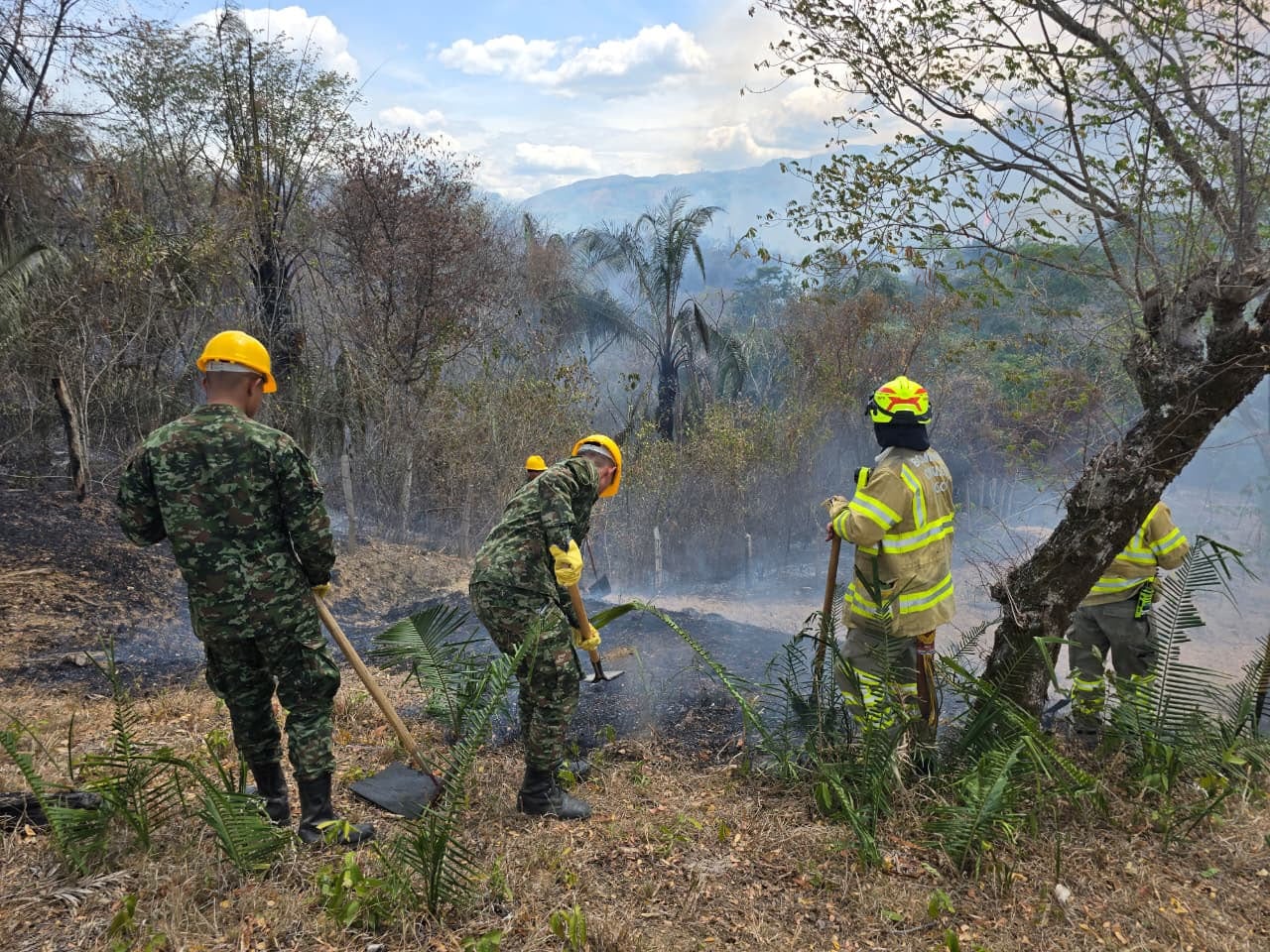 La respuesta a los incendios forestales combina operaciones terrestres y apoyo aéreo para proteger a la población, los ecosistemas y las áreas vulnerables - crédito prensa Fuerzas Militares