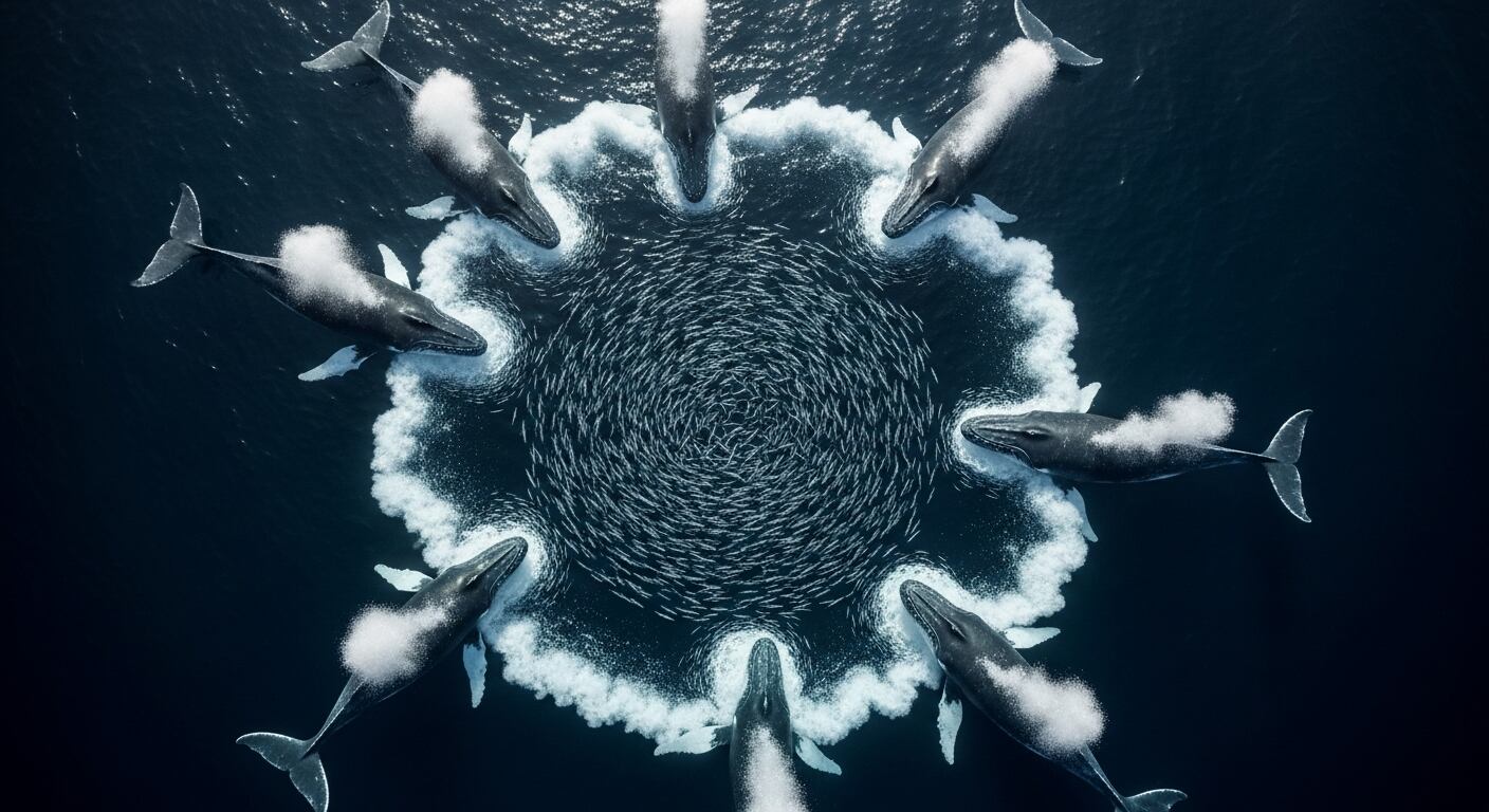 Las ballenas exhalan burbujas bajo el agua para encerrar a los peces y cazarlos en grupo, aumentando el éxito de captura (Imagen Ilustrativa Infobae)