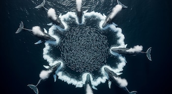 Las ballenas exhalan burbujas bajo