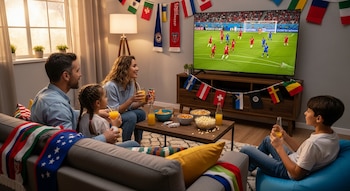 Una familia mira un partido de fútbol en la televisión de su sala, decorada con banderines. Beben jugos y hay varios bowls de snacks en la mesa.