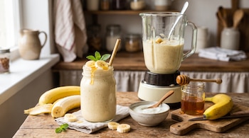 Frasco y licuadora con licuado, bananas enteras y en rodajas, cuenco con yogur y tarro de miel con palito mielero sobre una mesa de madera.