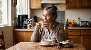 Una mujer sostiene una taza con ambas manos cerca de la boca frente a una mesa con un tazón y un paquete de café.