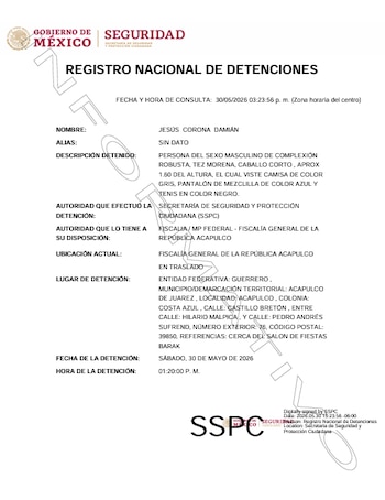 Ficha de detención de Jesús Corona Damián. Crédito: RND