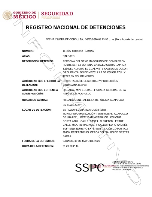 Ficha de detención de Jesús Corona Damián. Crédito: RND