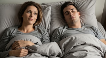 Una mujer despierta y un hombre dormido yacen en una cama con ropa de cama y almohadas grises. Ambos visten camisetas grises.