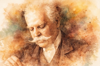 Ilustración en acuarela tono sepia de un hombre mayor con pelo blanco y bigote prominente, mirando hacia abajo con los ojos cerrados, sobre fondo suelto multicolor.