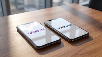 Dos teléfonos celulares sobre una mesa de madera muestran los logotipos de las marcas Telecom y Metrotel en sus pantallas.