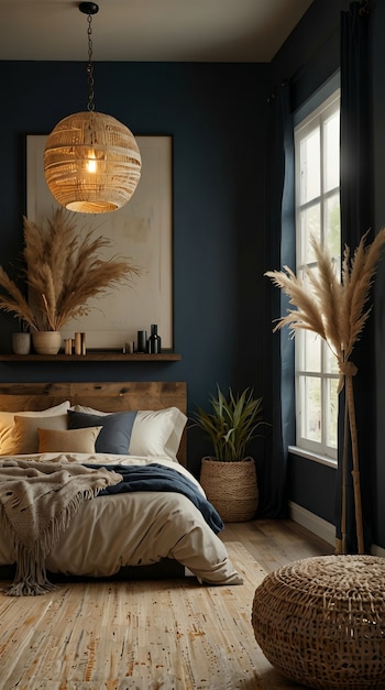 Vista de un dormitorio con paredes azul oscuro, una cama con ropa de cama clara, cabecero de madera, lámpara de techo tejida, hierba de la pampa y una planta en maceta.