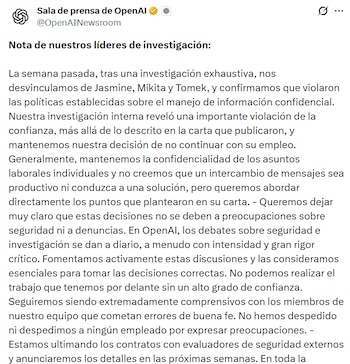 OpenAI reafirmó su decisión sobre los despidos de los integrantes del equipo de seguridad y confirmó que violaron políticas sensibles. (OpenAI)