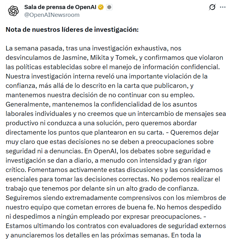 OpenAI reafirmó su decisión sobre los despidos de los integrantes del equipo de seguridad y confirmó que violaron políticas sensibles. (X)