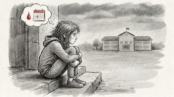 Ilustración de una niña sentada en unos escalones bajo la lluvia, con una escuela de fondo. En una burbuja de pensamiento aparecen un calendario y una gota de sangre.