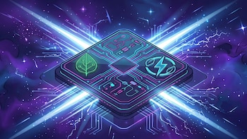 Ilustración digital de un microchip futurista con circuitos cian y magenta, haces de luz azul y blanca, y símbolos de hoja verde y rayo sobre un fondo espacial oscuro con destellos