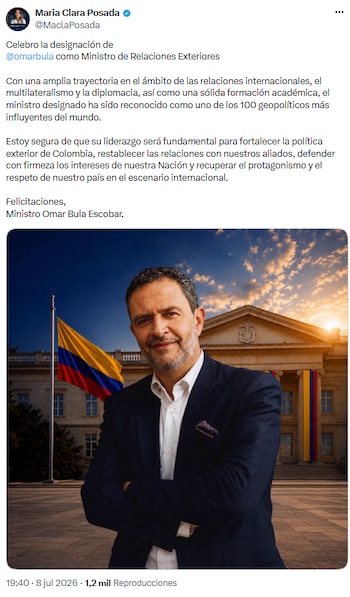 María Clara Posada respaldó la llegada de Omar Bula Escobar a la Cancillería y destacó su influencia internacional - crédito @MaclaPosada/X