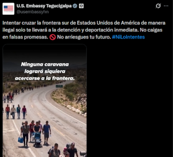Las personas que intenten cruzar sin autorización pueden ser detenidas y deportadas, alerta la representación estadounidense.