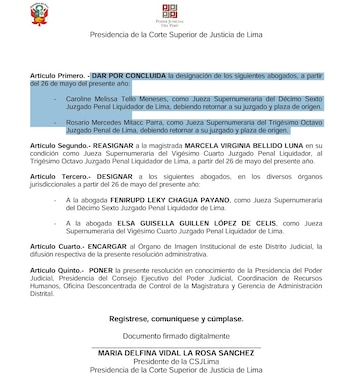 Documento oficial con membrete del Poder Judicial del Perú, encabezado por la Presidencia de la Corte Superior de Justicia de Lima, con texto de resolución judicial y firma