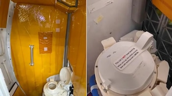 El nuevo baño de la nave Orión ofreció privacidad gracias a una puerta sólida, una mejora respecto de los sistemas con cortinas de misiones anteriores (NASA)