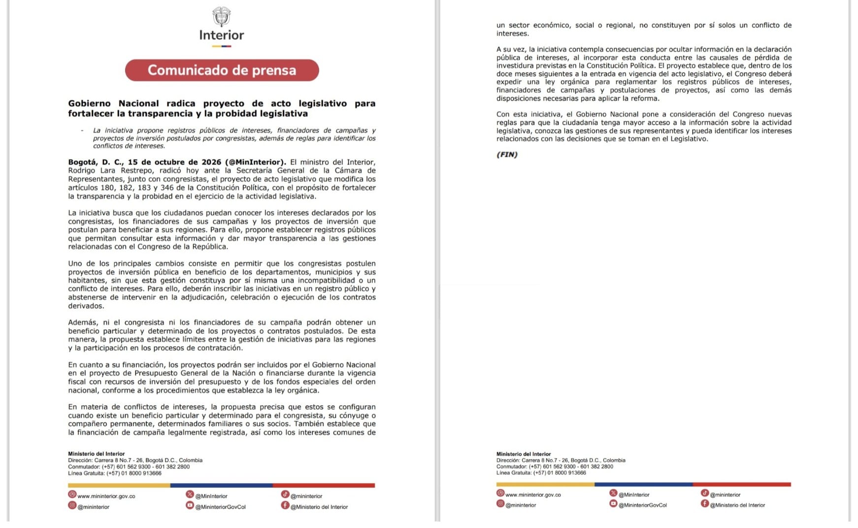 La iniciativa plantea crear mecanismos de consulta ciudadana para conocer qué congresistas postulan obras, quiénes financian sus campañas y cuáles son sus intereses económicos declarados - crédito @MinInterior/X