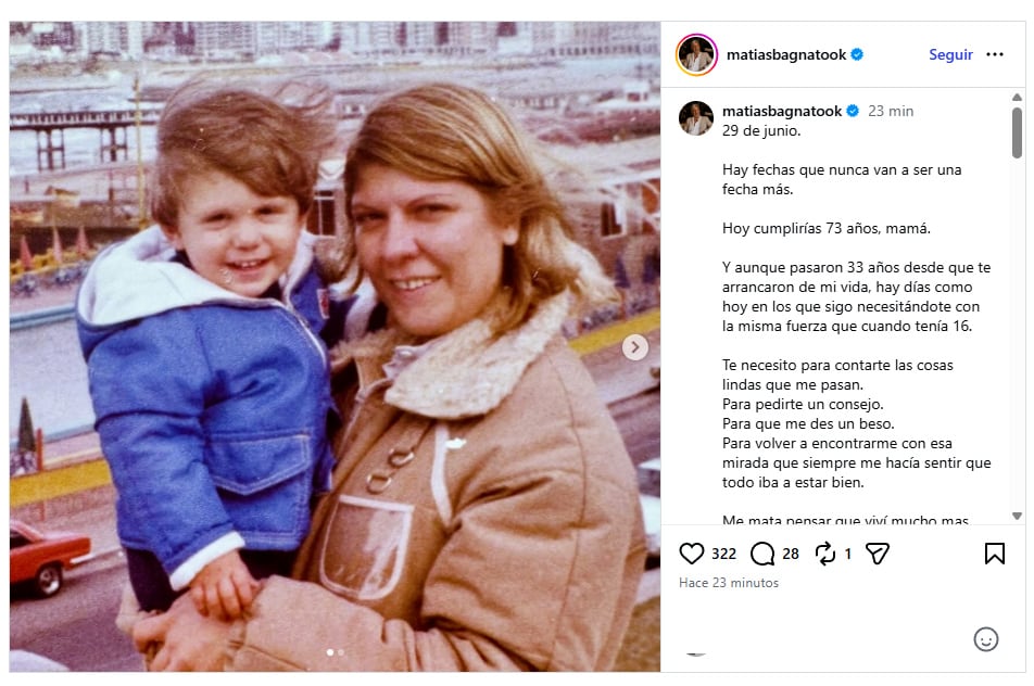 Matías Bagnato recordó el cumpleaños 73 de su madre y afirmó que, 33 años después, la ausencia sigue marcada por la Masacre de Flores