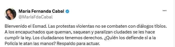 Colombia reorganiza su unidad antidisturbios: el ESMAD vuelve al organigrama policial y María Fernanda Cabal celebró la noticia - crédito @MariaFdaCabal/X